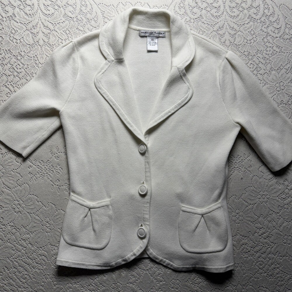 Marina Luna Sweater Womens Petite Small White Short Sleeve Cardigan Button Knit